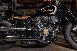 The Brat-Style Indian Super Chief Limited tricked out for actor Nicolas Hoult, modded out by Brat-Style founder Gō Takamine: side view of engine