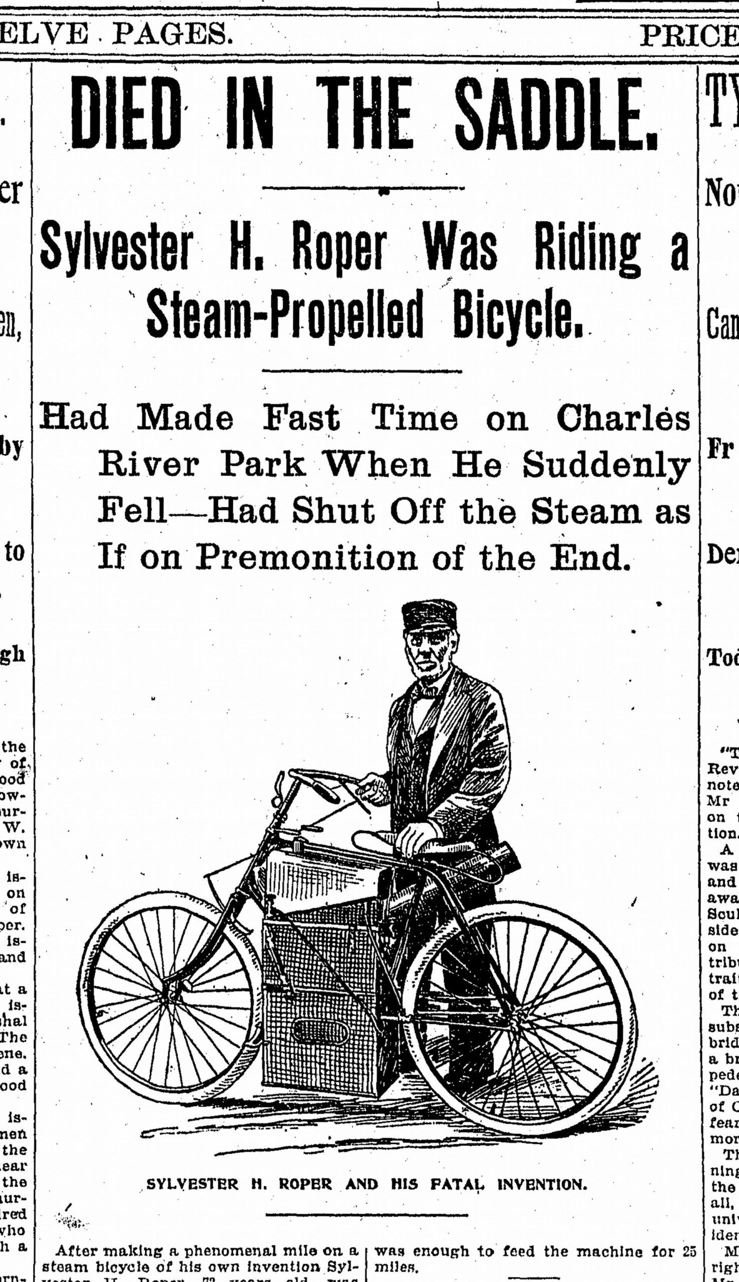 News clipping showing steam-powered motorcycle and inventor after his accidental death