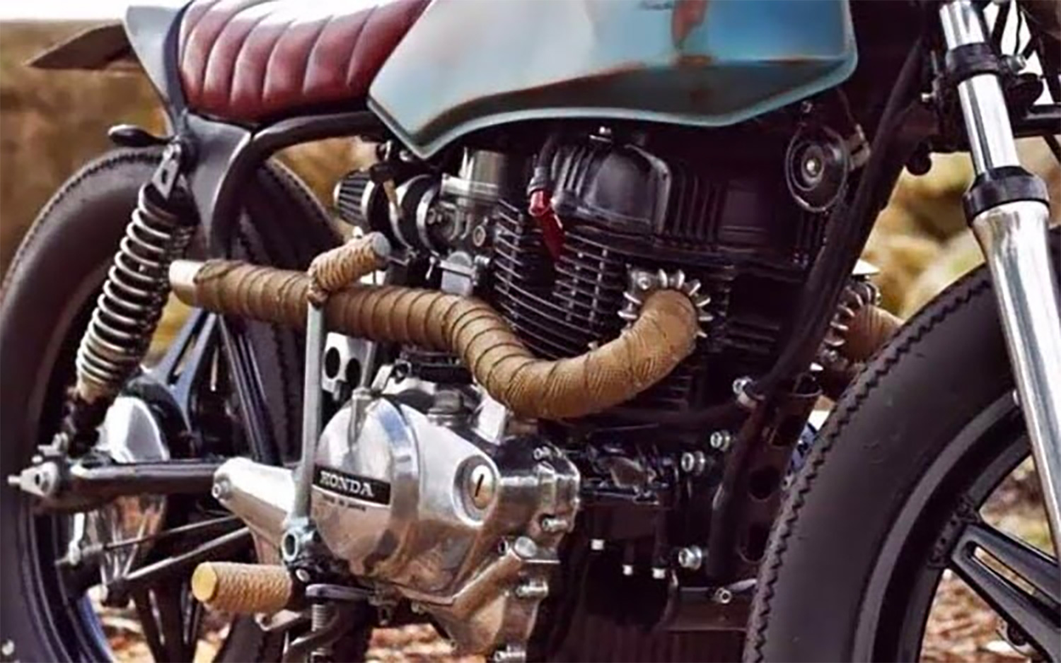 Exhaust pipes with pipe wrap on a Honda Custom Motorcycle