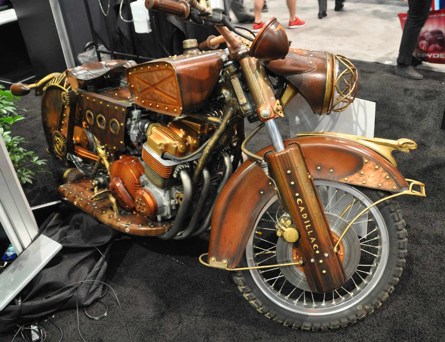 A motorcycle customised in a steampunk style