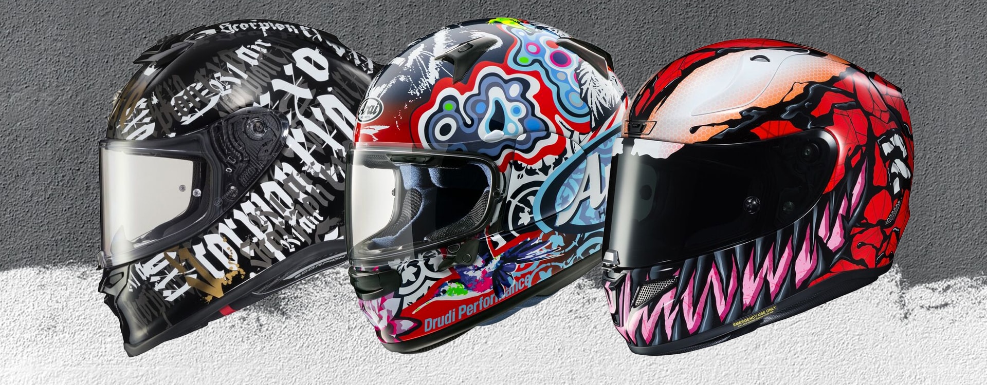 Collage of motorcycle helmets with graphics