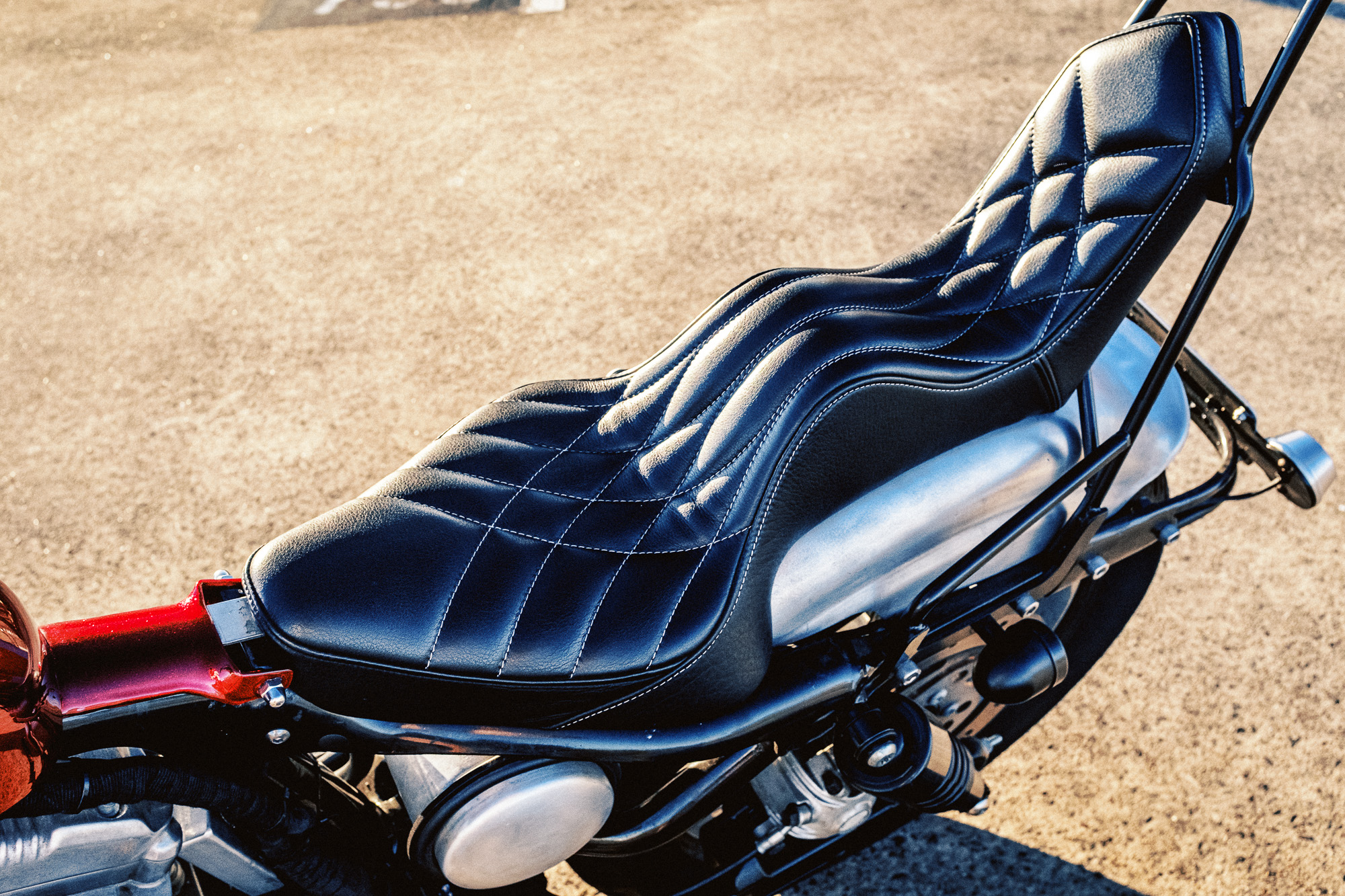 Close-up of seat on custom Harley-Davidson XLH chopper