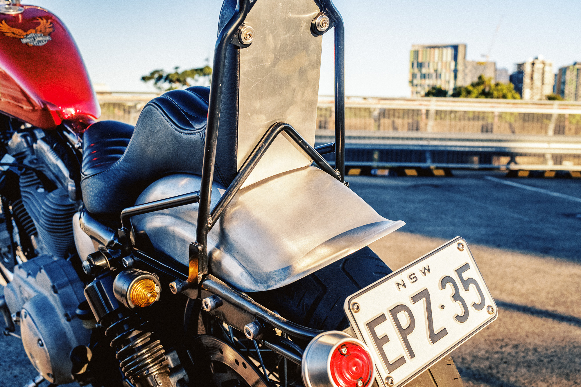 Close-up of license plate on custom Harley-Davidson XLH chopper
