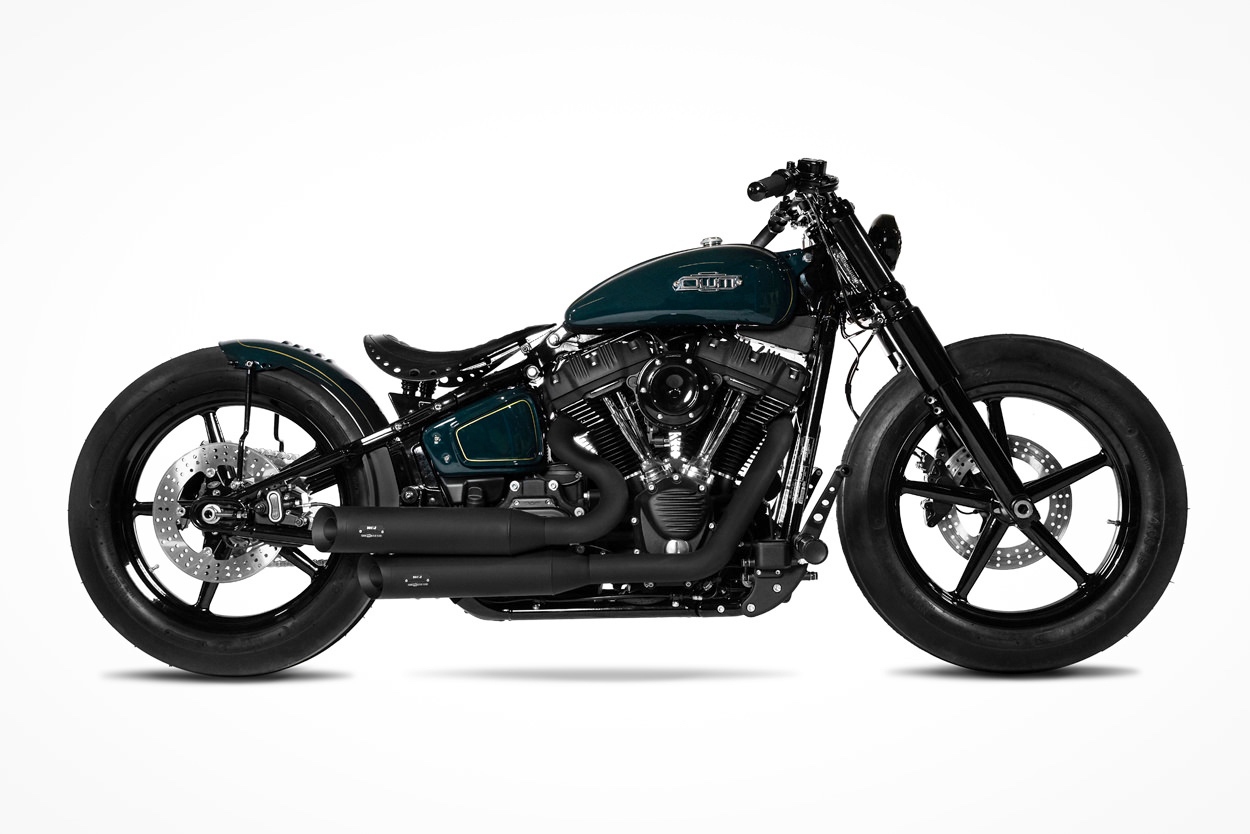 A custom Harley-Davidson bobber motorcycle in all-black by One Way Machine