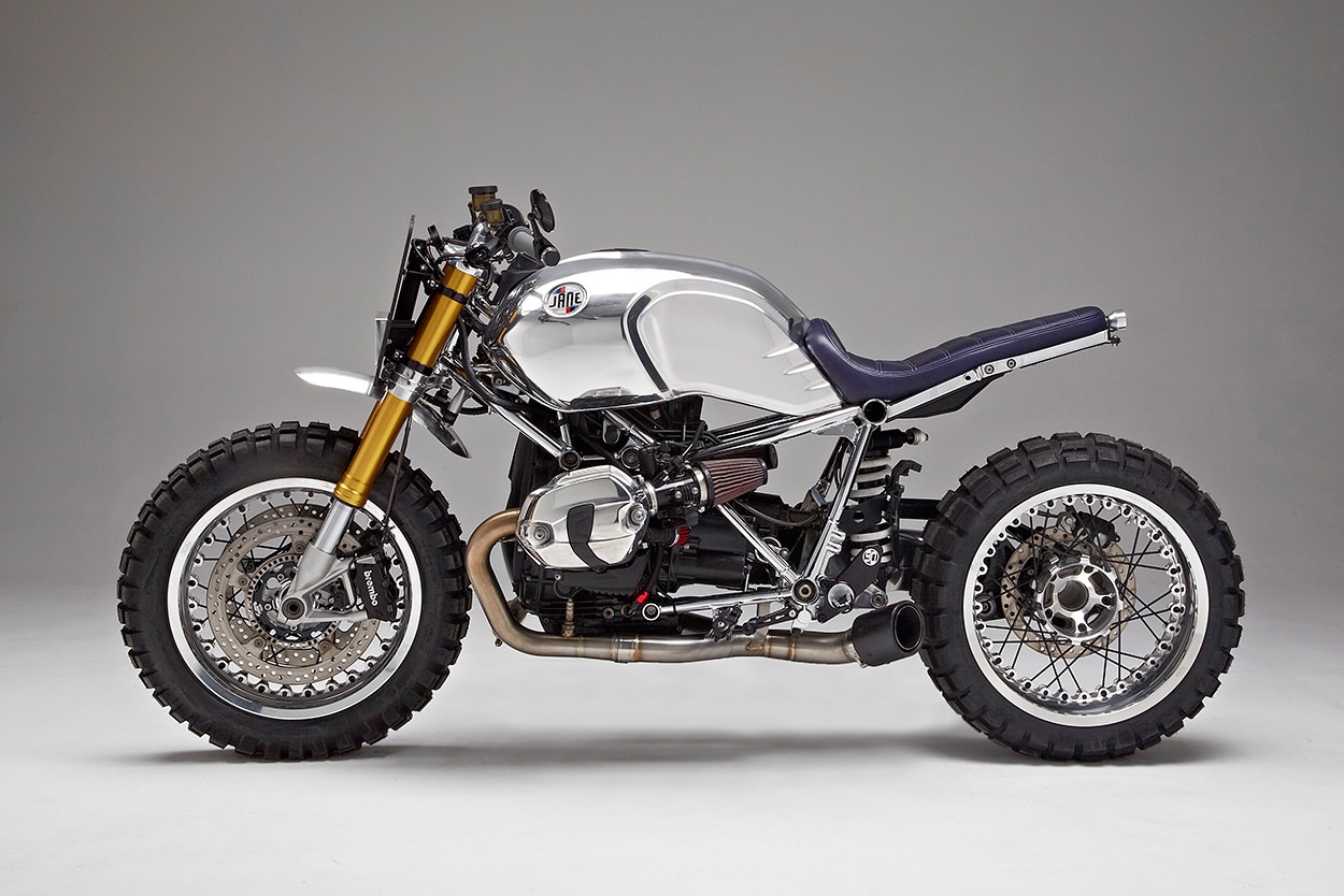A custom BMW R nineT desert racer motorcycle with new wheels and tyres by Jane Motorcycles