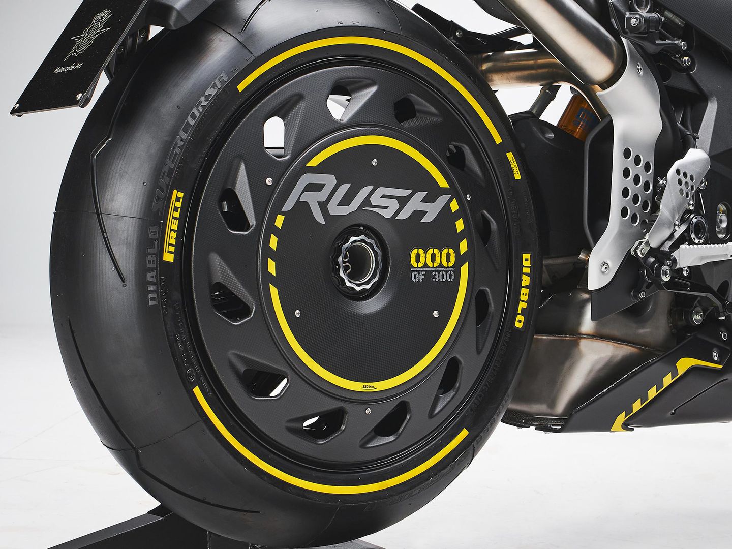 Closeup of rear wheel on MV Agusta Rush