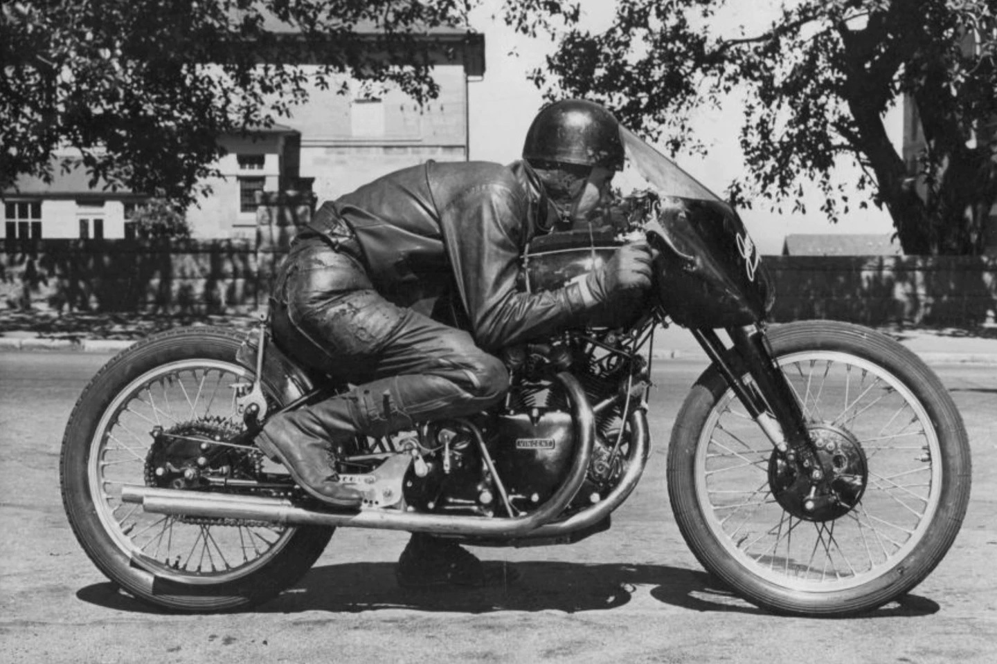 A historical shot of a 1951 Vincent Black Lightning motorcycle in Australia