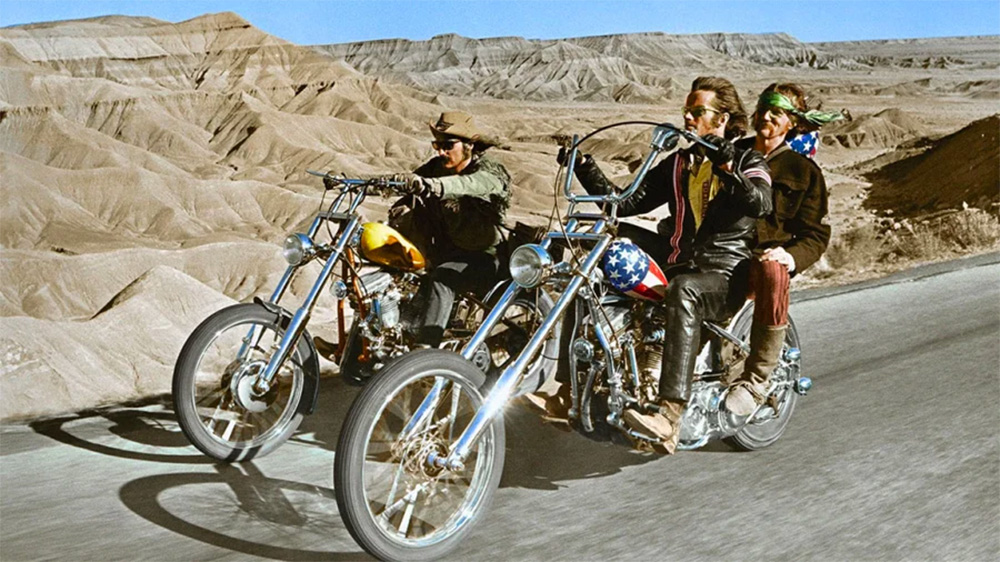 A scene from the 1969 Easy Rider Movie showing two harley choppers
