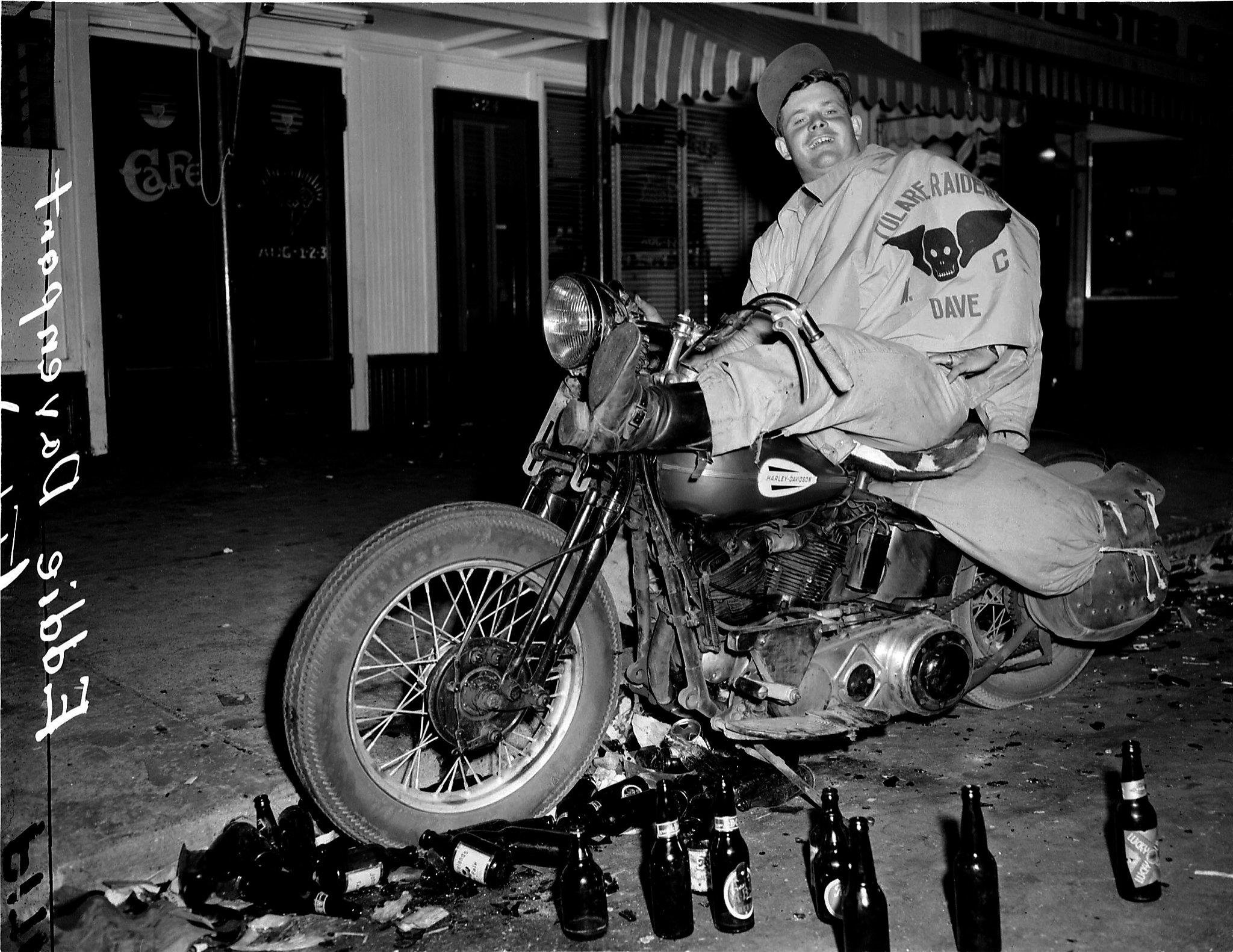 A bikker on a Harley during the Hollister Riots in California in 1947