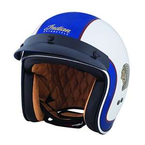 blue and white open face helmet