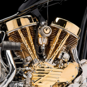 Heart of Gold, a black and gold custom built from a 1949 Harley-Davidson panhead by Les Covington in Portland, OR. Photographed by Michael Lichter at the Sacramento Easyriders Show on January 17, 2015. ©2015 Michael Lichter.