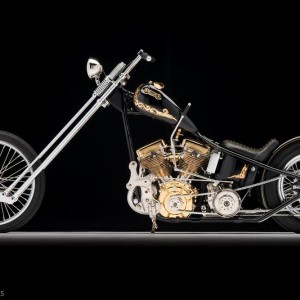 Heart of Gold, a black and gold custom built from a 1949 Harley-Davidson panhead by Les Covington in Portland, OR. Photographed by Michael Lichter at the Sacramento Easyriders Show on January 17, 2015. ©2015 Michael Lichter.
