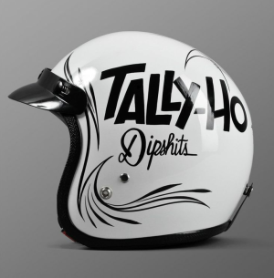 tally ho dipshits white and black helmet