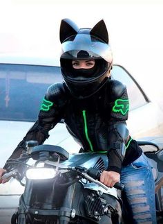woman biker with cat ear helmet